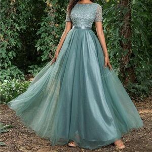 Elegant Blue Lace Evening Gown